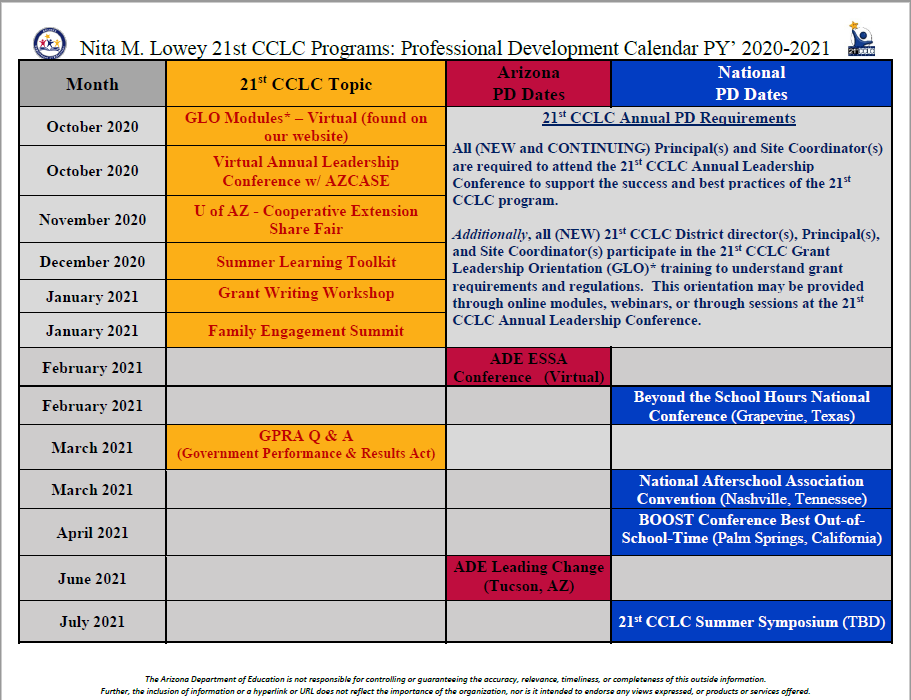 21st CCLC Professional Development Calendar 2020-2021