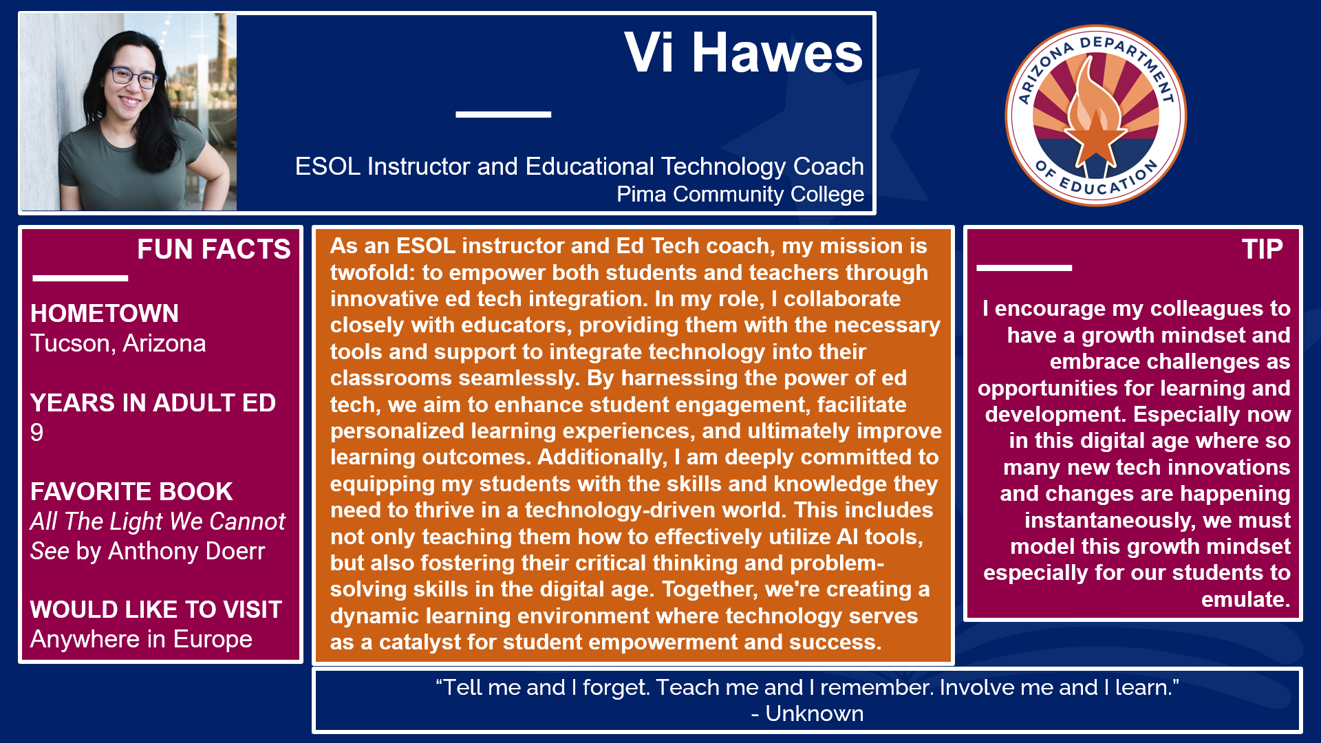 Teacher spotlight for Vi Hawes. Reach out to the Teaching and Learning Team for more information at AESTandL@azed.gov.