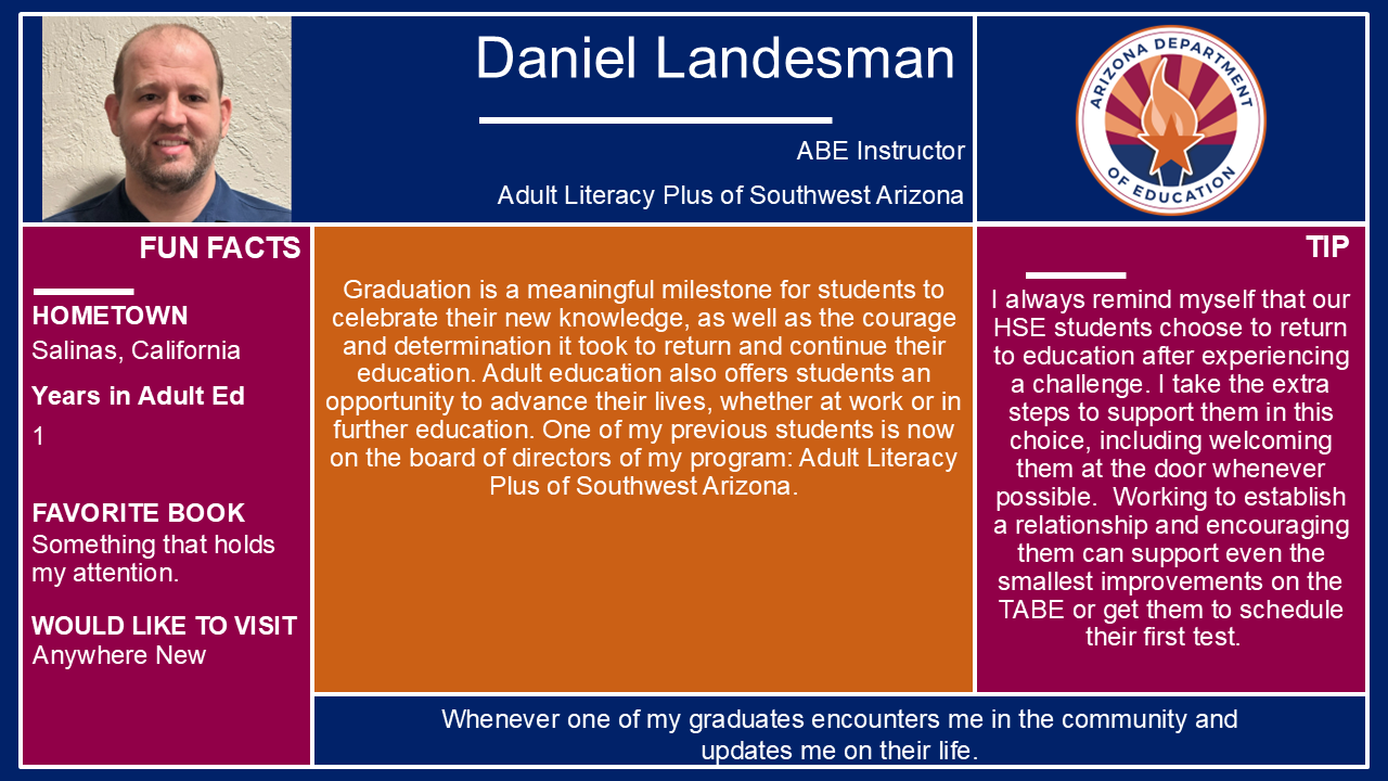 Teacher spotlight for Daniel Landesman at Adult Literacy Plus of Southwest Arizona. Reach out to the Teaching and Learning Team for more information at AESTandL@azed.gov.