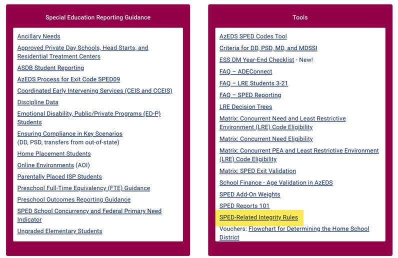 Integrity Rules Tool Highlighted on the AzEDS SPED Reporting Page