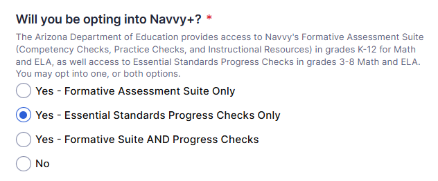Screenshot of Navvy Intake Form showing which option to select (Yes - Essential Standards Progress Checks)