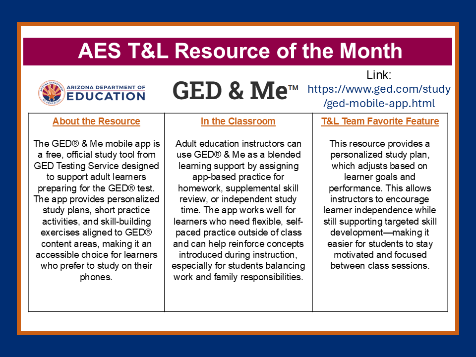 AES Teaching and Learning Resource of the Month is GED & Me Mobile app. This resource is a free, official study tool from GED Testing Service.