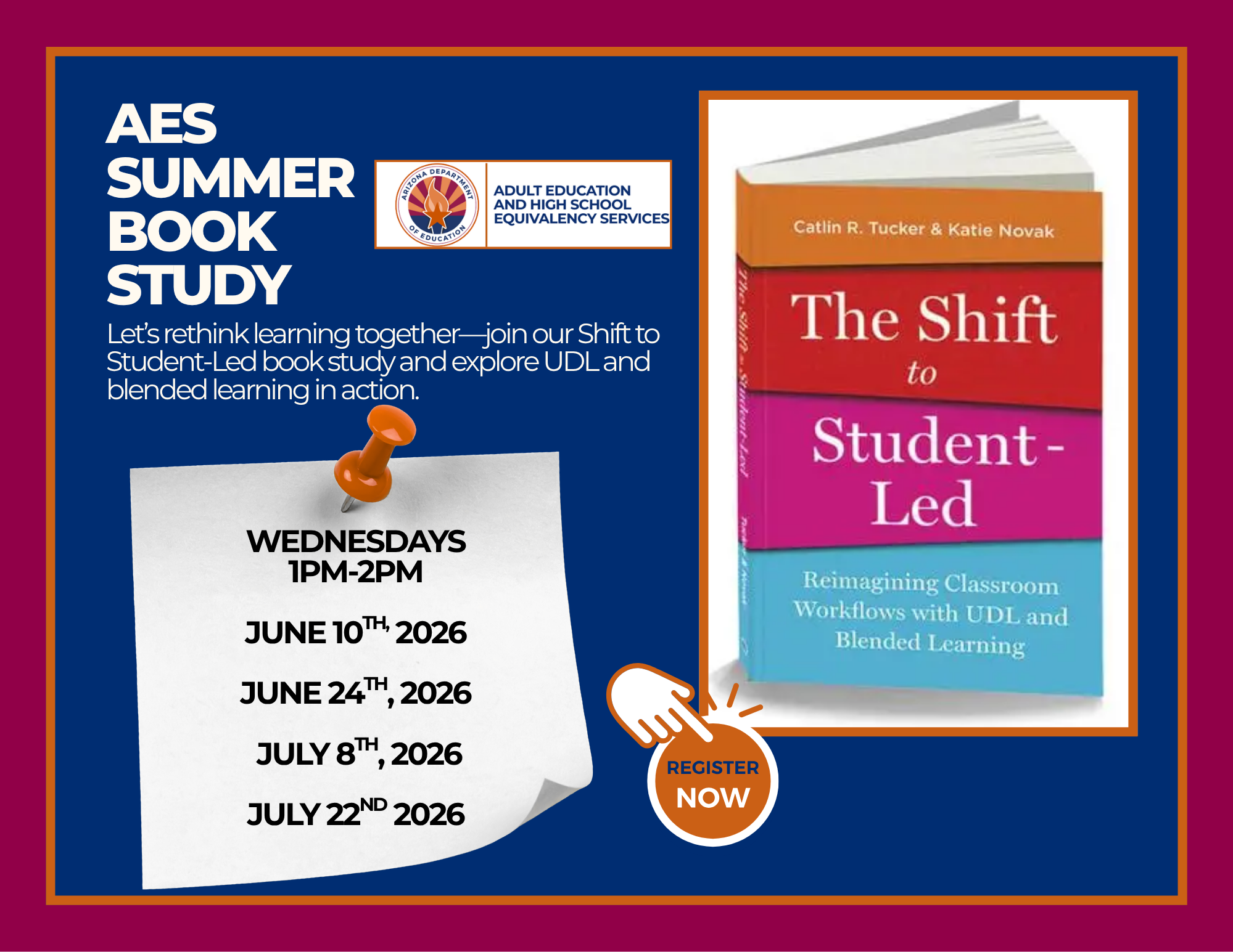 Let's rethink learning together. Join our Shift to Student-Led book study and explore UDL and blended learning in action. Wednesdays from 1 PM to 2 PM. June 10th, June 24th, July 8th, and July 22nd.