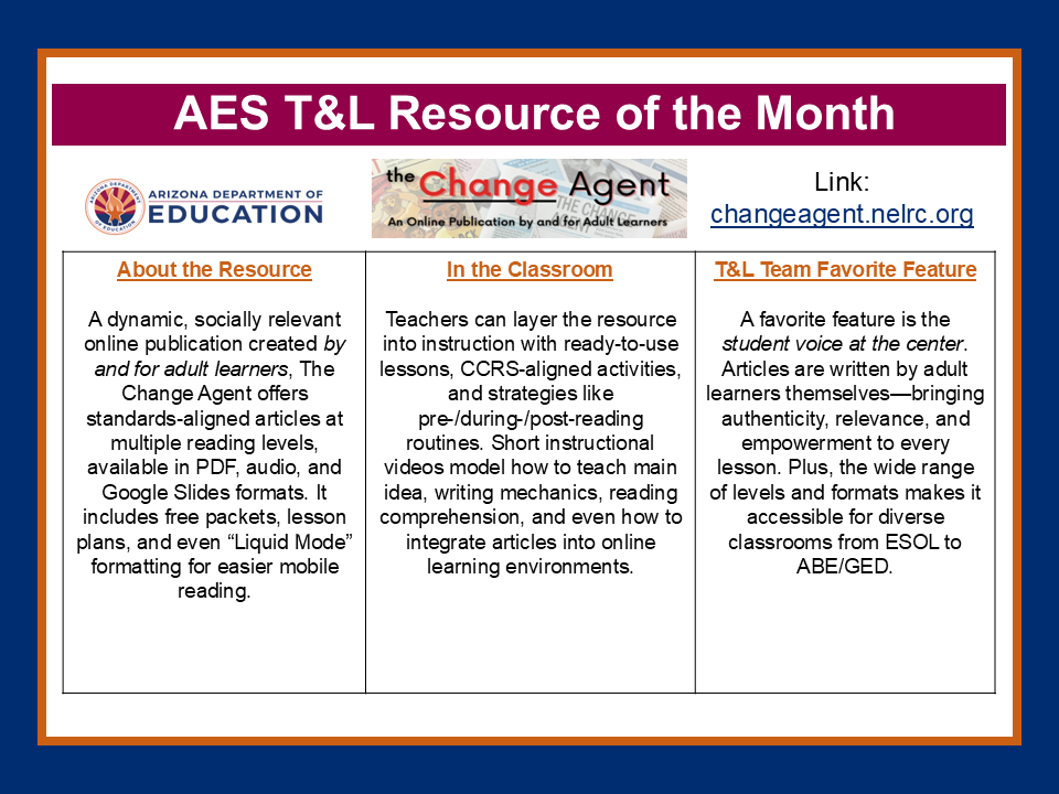 AES Teaching and Learning Resource of the Month is the Change Agent website. This resource is a dynamic and socially relevant online publication created for and by adult learners.
