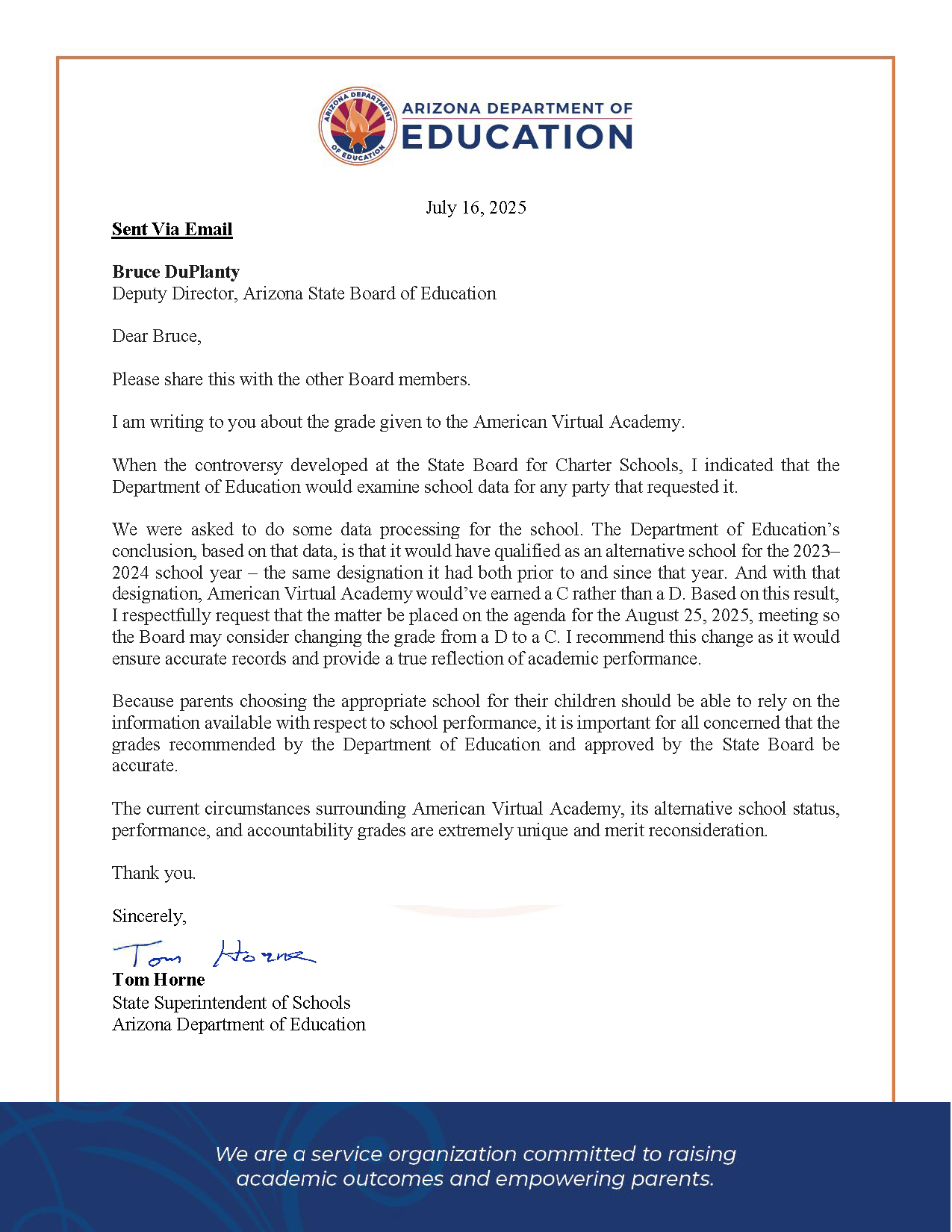 An image of a letter written to Superintendent Horne from DuPlanty