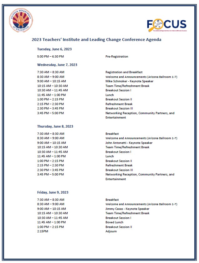 Image of Conference Agenda - 2023 Teachers' Institute and Leading Change Conference
