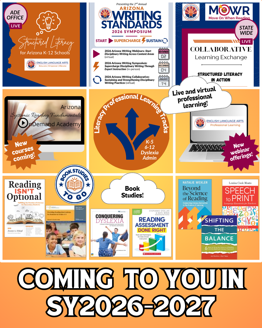 A graphic displaying upcoming trainings from the ELA team.