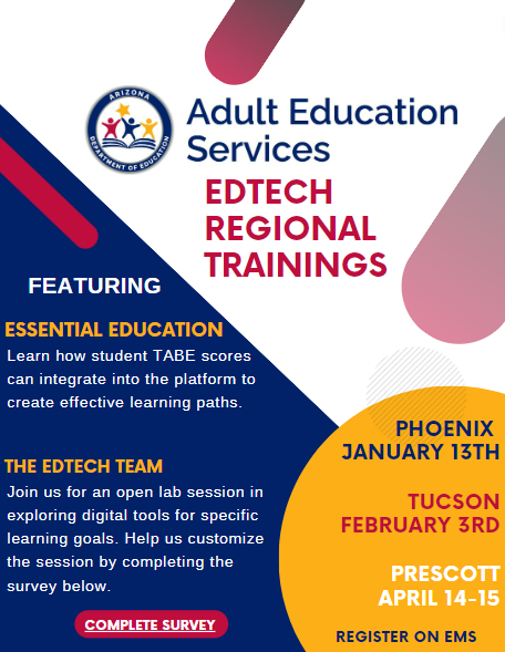 This image contains upcoming training dates and topics for EdTech. 