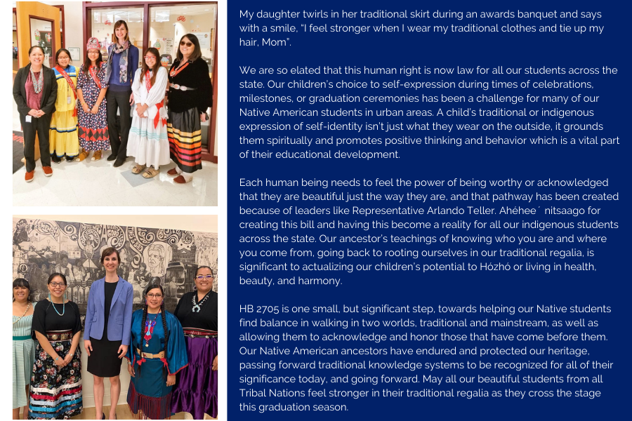 My daughter twirls in her traditional skirt during an awards banquet and says with a smile, “I feel stronger when I wear my traditional clothes and tie up my hair, Mom”.    We are so elated that this human right is now law for all our students across the 