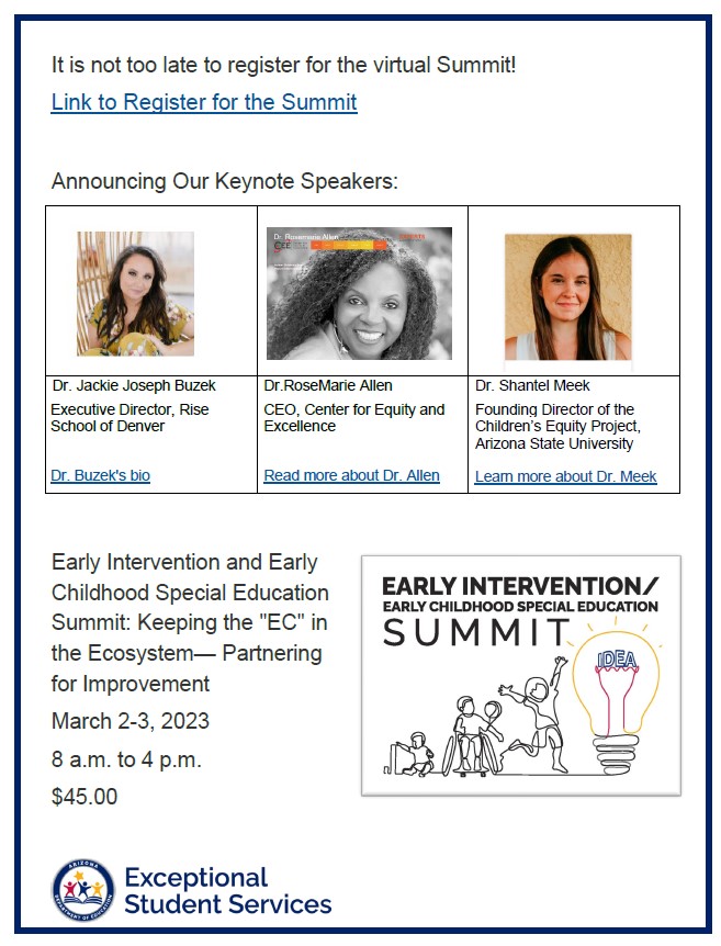 EI ECSE Summit Flyer image that includes keynote speakers and registration remonder