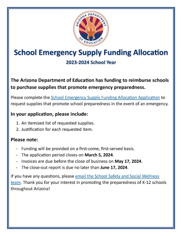 Flyer contains information for Emergency Supply Funding Allocation