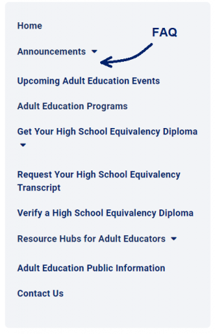 Image showing where FAQ link might go in the Adult Ed Menu.
