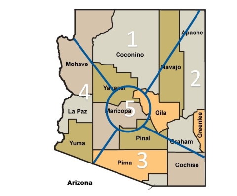 all Arizona counties divided into 5 regions (north, south, central, west, east)