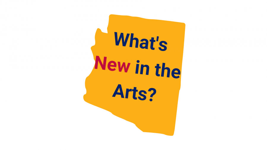 Yellow state of Arizona with the words "What's new in the arts" over it