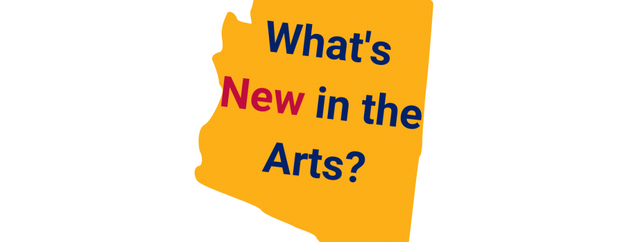 Yellow state of Arizona with the words "What's new in the arts" over it